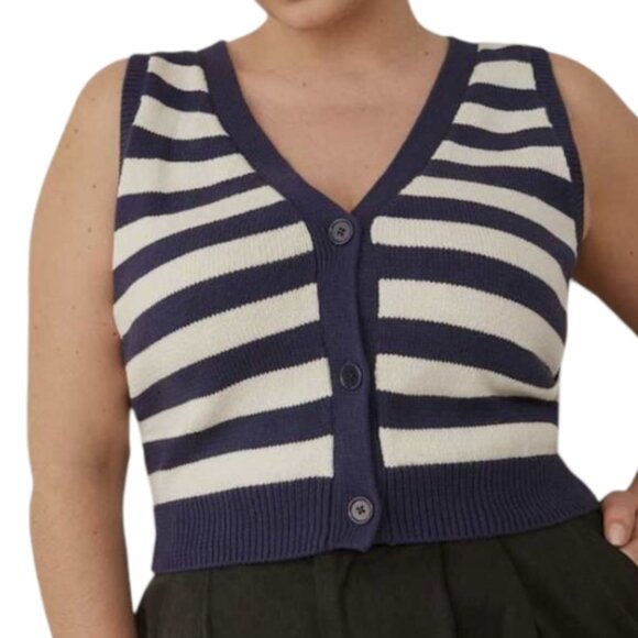 Reformation Zola Sweater Vest Cotton Blue Cream Stripes Buttons Women's Large - Picture 1 of 15